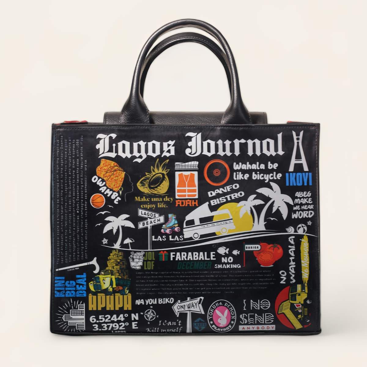 Tote bag with colourful graphics and text