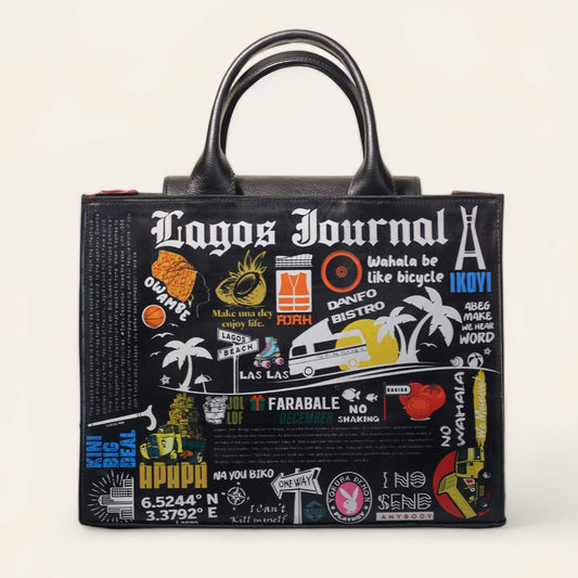 Tote bag with colourful graphics and text